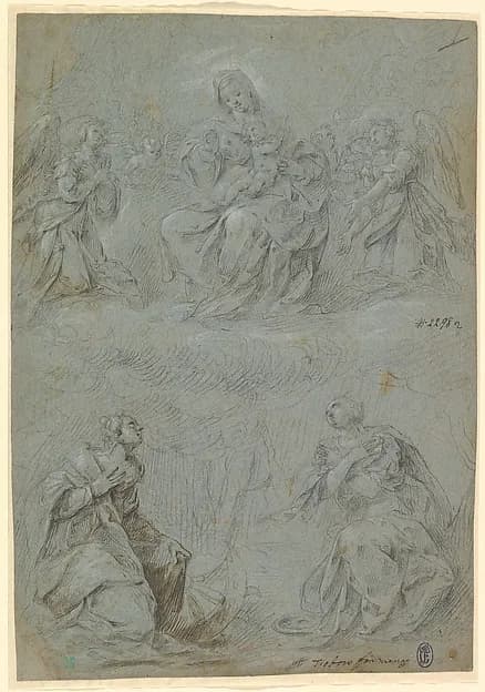 The Virgin and Child in Glory Adored by Saints Catherine and Lucy by Dirck Hendricksz., called Centen, also called Teodoro d'Errico depicting Romans 8