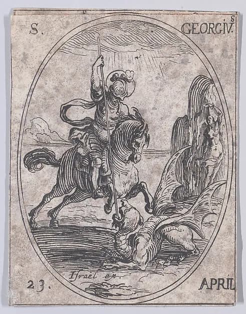 S. Georges (St. George), April 23rd, from "Les Images De Tous Les Saincts et Saintes de L'Année" (Images of All of the Saints and Religious Events of the Year) by Jacques Callot depicting Revelation 12