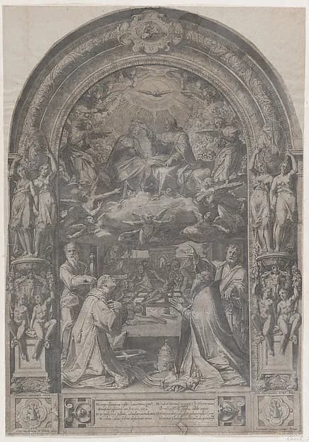 The Coronation of the Virgin with St Lawrence, St Paul, St Peter and St Sixtus by Cornelis Cort depicting Matthew 4