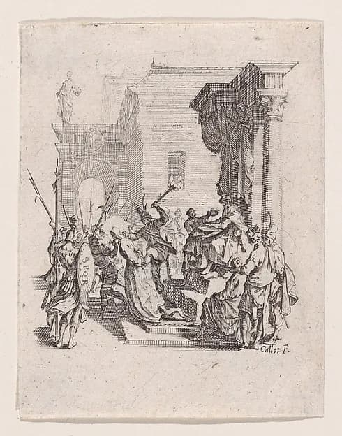 Jésus et la Femme Adultère (Jesus and the Woman Taken in Adultery), plate 5 from "Le Nouveau Testament" (The New Testament) by Jacques Callot depicting John 1