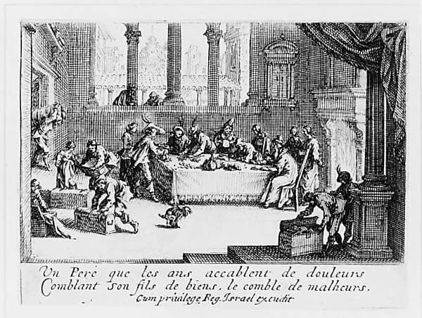 Le Partage des Biens, pièce appelée aussi L'Enfant Prodigue Reçoit sa Part d'Héritage (The Dividing of Assets, also called The Prodigal Son Receiving His Inheritance), from "L'Enfant Prodigue" (The Prodigal Son) by Jacques Callot depicting Luke 15