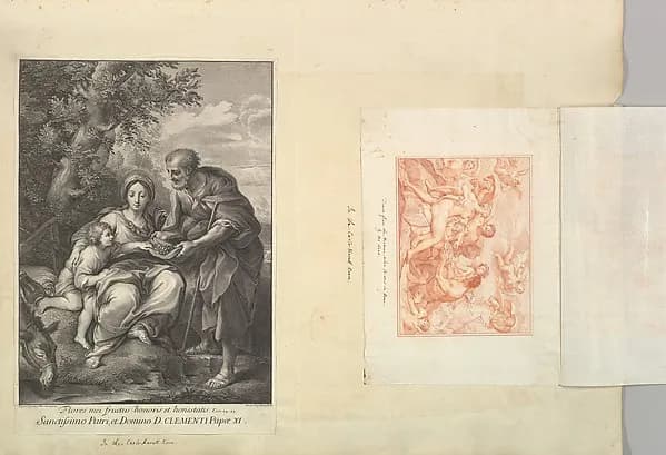 Leaf from Aedes Walpolianae mounted with a print and a drawing: (a): The Virgin and Joseph with the Young Jesus; (b): Acis and Galatea by Johann Jakob Frey the Elder depicting Luke 2
