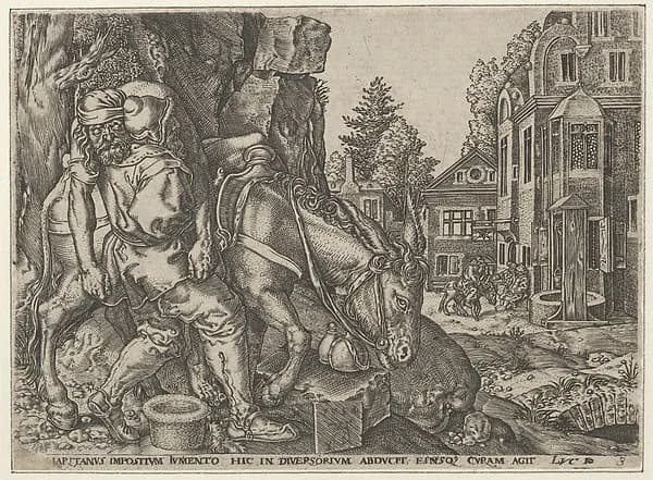 Copy of The Good Samaritan Putting the Traveller on His Donkey, from The Parable of the Good Samaritan by Anonymous depicting Luke 10