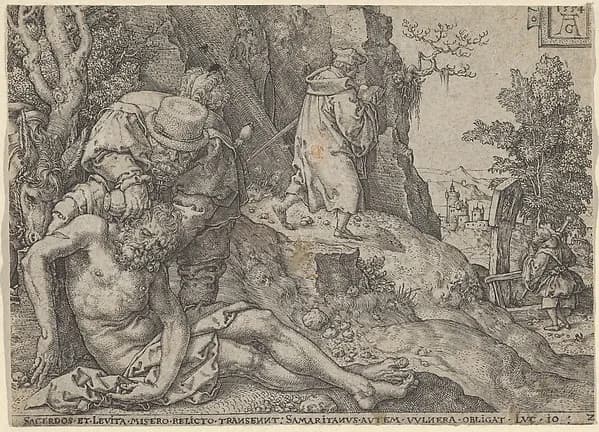 The Good Samaritan Tending the Traveller's Wounds with Oil and Wine or The Priest and the Levite Passing, from "The Parable of the Good Samaritan" by Heinrich Aldegrever depicting Luke 10