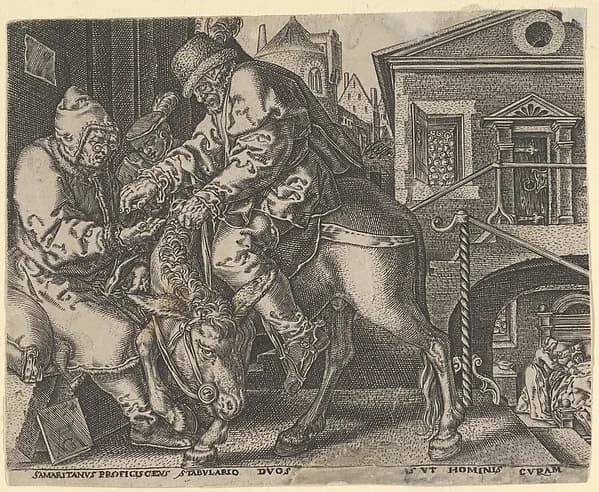 Copy of The Good Samaritan Paying the Innkeeper for the Care of the Wounded Man by Heinrich Aldegrever depicting Luke 10