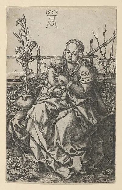 The Virgin and Child on a Grassy Bank by Heinrich Aldegrever depicting Luke 2