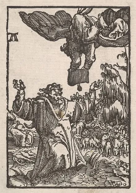Annunciation of the Birth of the Virgin to Joachim, from "The Fall and Salvation of Mankind Through the Life and Passion of Christ" by Albrecht Altdorfer depicting Luke 1