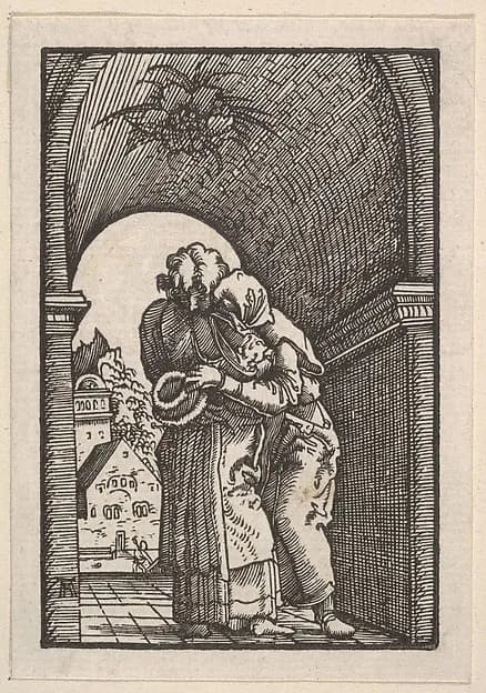 Meeting of Joachim and Anna at the Golden Gate, from "The Fall and Salvation of Mankind Through the Life and Passion of Christ" by Albrecht Altdorfer depicting Luke 1