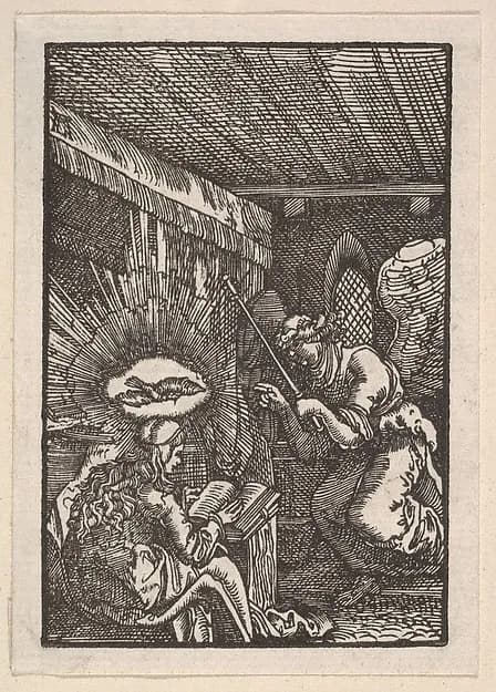 Annunciation, from "The Fall and Salvation of Mankind Through the Life and Passion of Christ" by Albrecht Altdorfer depicting Luke 1