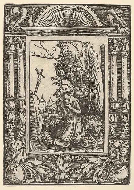 Saint Jerome in Penitence, in a Renaissance Frame by Albrecht Altdorfer depicting Romans 8
