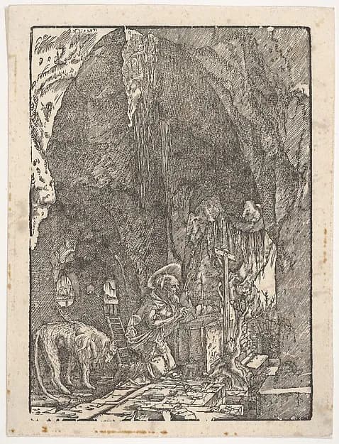 Saint Jerome in Penitence, in a Cave, from "Holzschnitte alter deutscher Meister in den Original-Platten gesammelt von Hans Albrecht von Derschau" by Albrecht Altdorfer depicting Romans 8