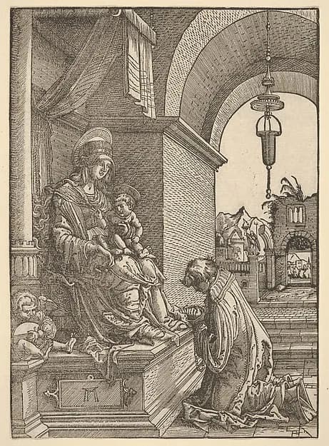 A Cleric Kneeling Before the Virgin and Christ Child by Albrecht Altdorfer depicting Luke 2