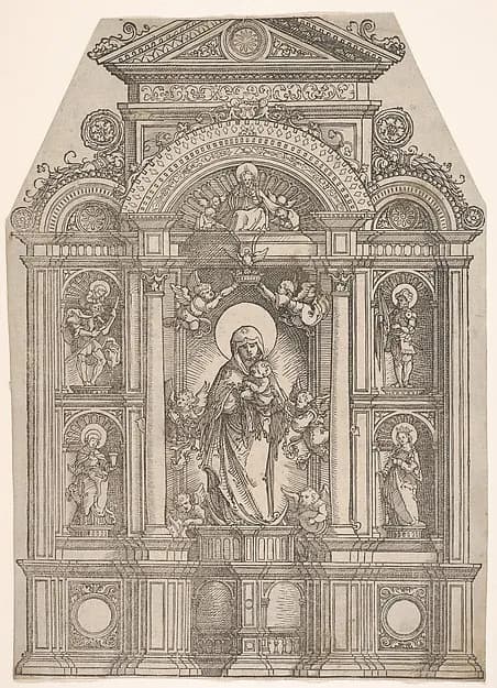Altarpiece with the Beautiful Virgin of Regensburg and Saints Christopher, Mary Magdalen, Florian and Catherine Standing in Niches, with God the Father Above by Albrecht Altdorfer depicting Luke 7