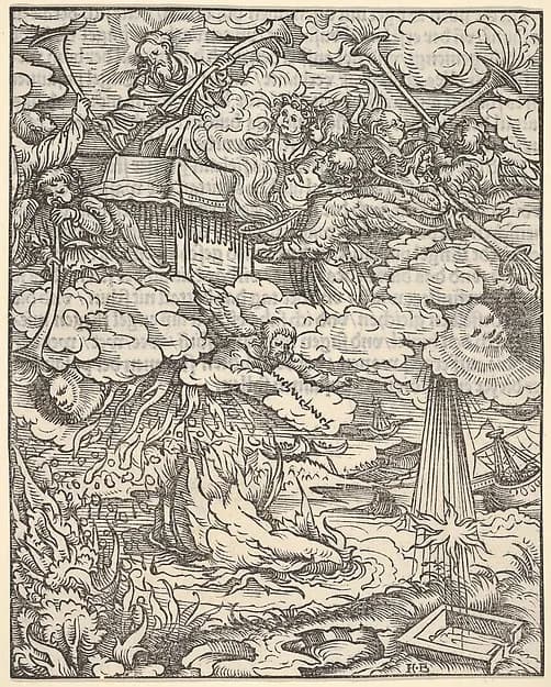 The First Four Trombones, plate 7 from "The Apocalypse" by Hans Burgkmair depicting Revelation 1