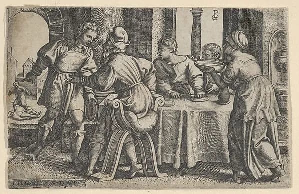 Tobias Leaving the Table, from "The Story of Tobias" by Georg Pencz depicting Tobit 6