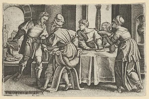 Tobias Leaving the Table, from "The Story of Tobias" by Georg Pencz depicting Tobit 6