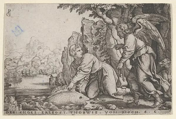 Tobiolus Catches the Fish, from The Story of Tobias by Georg Pencz depicting Tobit 6