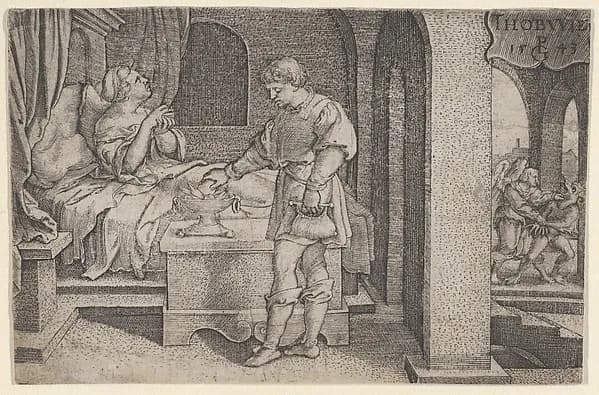 Tobiolus Makes a Propitiatory Sacrifice, from "The Story of Tobias" by Georg Pencz depicting Tobit 6