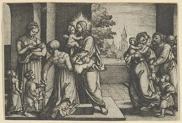 Christ and the Children by Georg Pencz depicting Mark 10