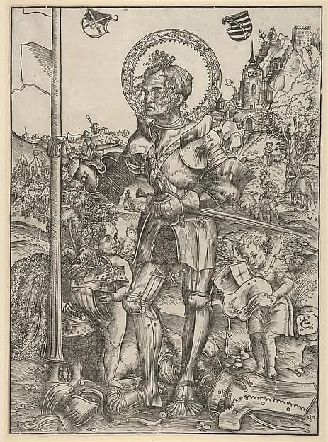 Saint George Standing with Two Angels by Lucas Cranach the Elder depicting Revelation 12