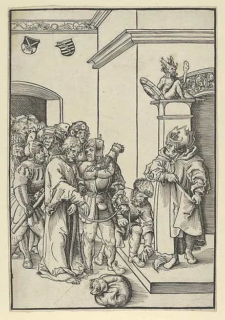 Christ before Caiphas, from "The Passion" by Lucas Cranach the Elder depicting John 1