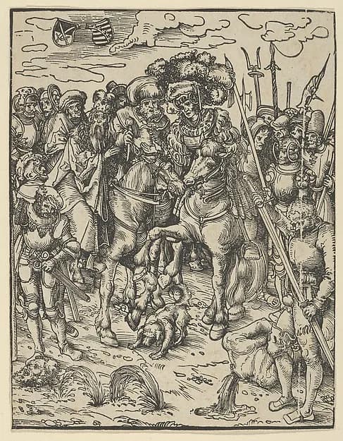 Reverse copy of The Martyrdom of St Paul from The Matyrdom of the Twelve Apostles by Lucas Cranach the Elder depicting Acts 9