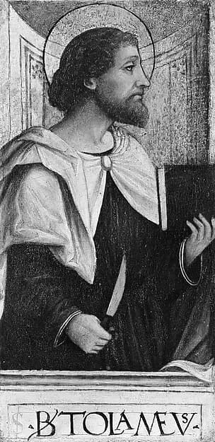 The Twelve Apostles: Saints Bartholomew, Andrew, Matthew, James the Greater, Thaddeus, Philip, James the Lesser, Simon, Peter, Paul, Thomas, and John by Bergognone (Ambrogio di Stefano da Fossano) depicting Matthew 4