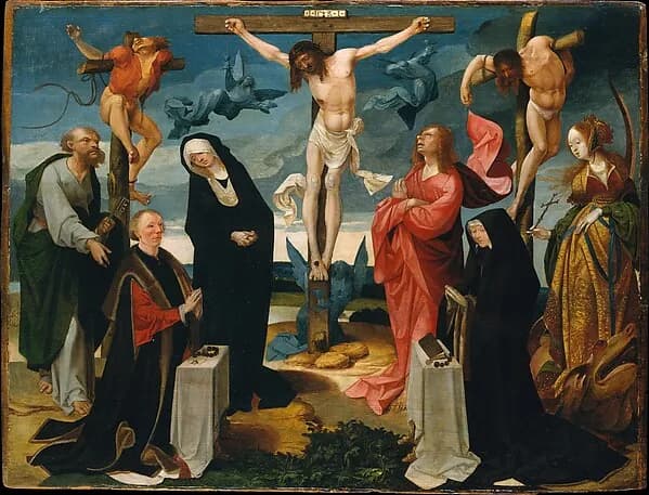 The Crucifixion with Donors and Saints Peter and Margaret of Antioch by Cornelis Engebrechtsz depicting Matthew 27