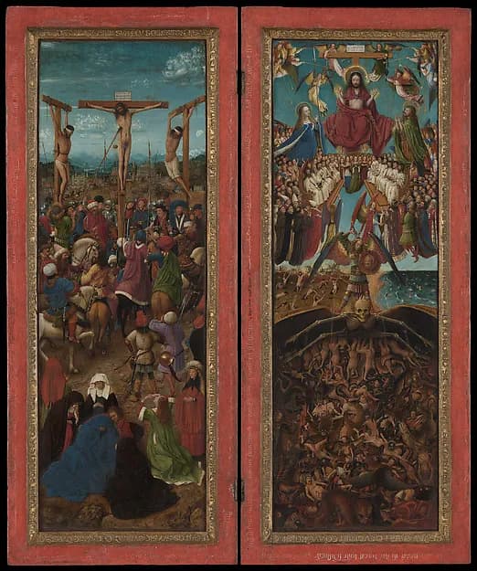 The Crucifixion; The Last Judgment by Jan van Eyck depicting Matthew 27