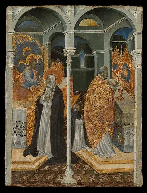 The Miraculous Communion of Saint Catherine of Siena by Giovanni di Paolo (Giovanni di Paolo di Grazia) depicting Romans 8