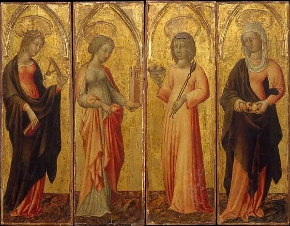 Saints Catherine of Alexandria, Barbara, Agatha, and Margaret by Giovanni di Paolo (Giovanni di Paolo di Grazia) depicting Romans 8