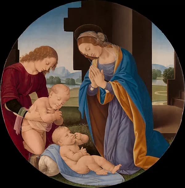 Madonna Adoring the Child with the Infant Saint John the Baptist and an Angel by Lorenzo di Credi (Lorenzo d'Andrea d'Oderigo) depicting Matthew 3