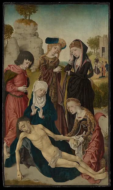 The Lamentation by Master of the Virgin among Virgins depicting Mark 15