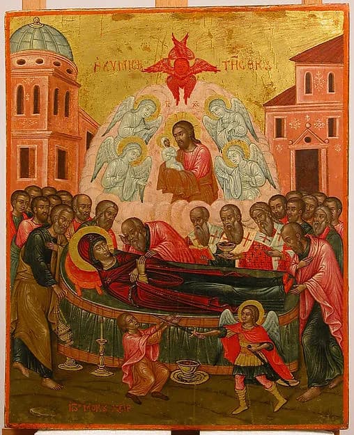 The Dormition of the Virgin by Ioannes Mokos depicting Luke 1
