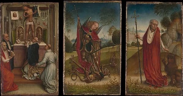 Saint Michael; The Mass of Saint Gregory; Saint Jerome by Master of the Saint Catherine Legend depicting Romans 8
