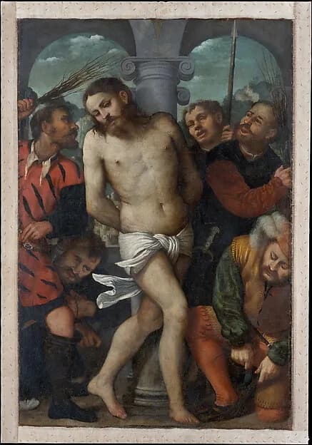 The Flagellation; (reverse) The Madonna of Mercy by Girolamo Romanino depicting Matthew 27