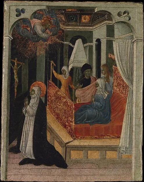 Saint Catherine of Siena Beseeching Christ to Resuscitate Her Mother by Giovanni di Paolo (Giovanni di Paolo di Grazia) depicting Matthew 27