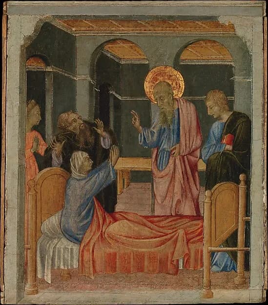 Saint John the Evangelist Raises Drusiana by Giovanni di Paolo (Giovanni di Paolo di Grazia) depicting Revelation 1