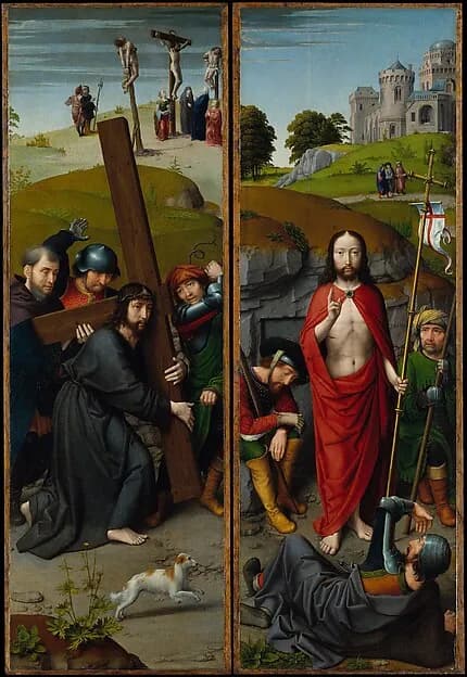 Christ Carrying the Cross, with the Crucifixion; The Resurrection, with the Pilgrims of Emmaus by Gerard David depicting Mark 15