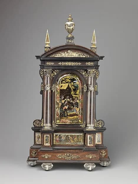 Tabernacle House Altar with the Adoration of the Shepherds, the Adoration of the Magi, and the Annunciation. by Reinhold Vasters depicting Luke 1