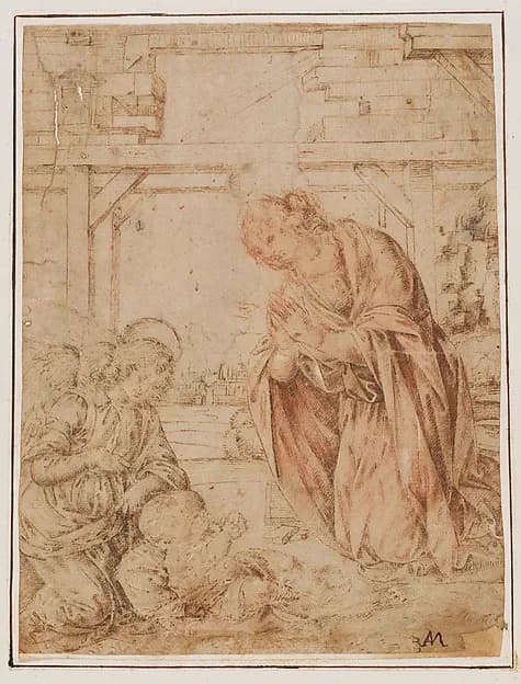 The Madonna Adoring the Child, with an Angel by Lorenzo di Credi (Lorenzo d'Andrea d'Oderigo) depicting Luke 2