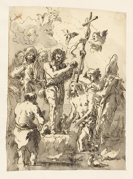 The Baptism of Christ (with Two Ducks in the Water at Lower Right) by Giovanni Domenico Tiepolo depicting Matthew 3