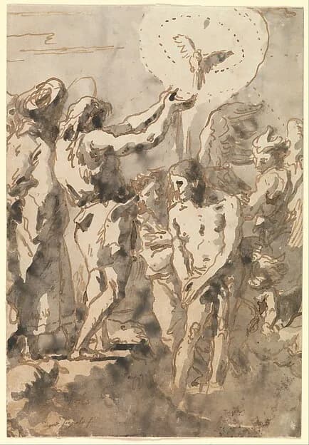 The Baptism of Christ (with Saint John, Without his Cross, in Profile to the Right) by Giovanni Domenico Tiepolo depicting Matthew 3