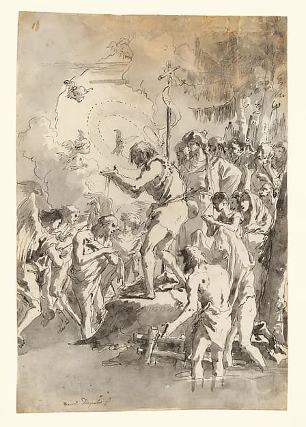 The Baptism of Christ (with Three Angels Attending Him) by Giovanni Domenico Tiepolo depicting Matthew 3