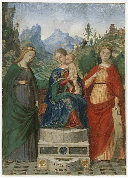 Virgin and Child Enthroned between Saints Cecilia and Catherine of Alexandria by Francesco Morone depicting Luke 2