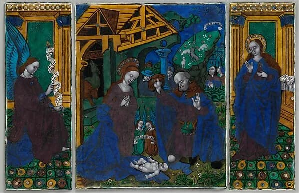 Three plaques from a triptych with the Adoration of the Shepherds, Flanked by the Angel Gabriel and the Virgin Annunciate by Master of the Triptych of Louis XII depicting Luke 1