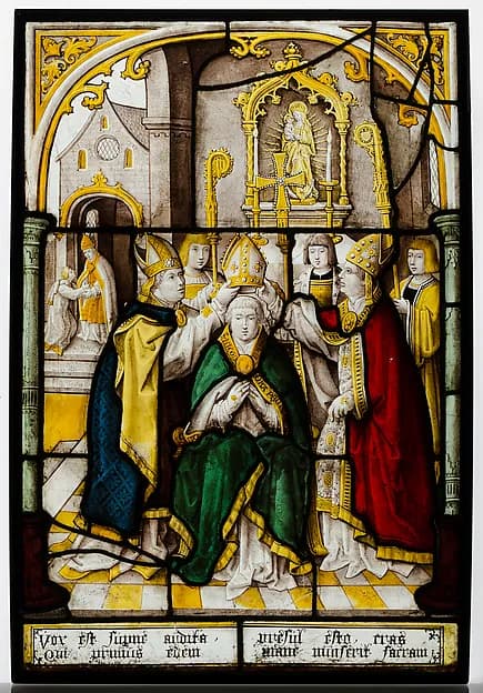 Glass Panel of Saint Nicholas by Jacob Cornelisz van Oostsanen depicting Luke 2