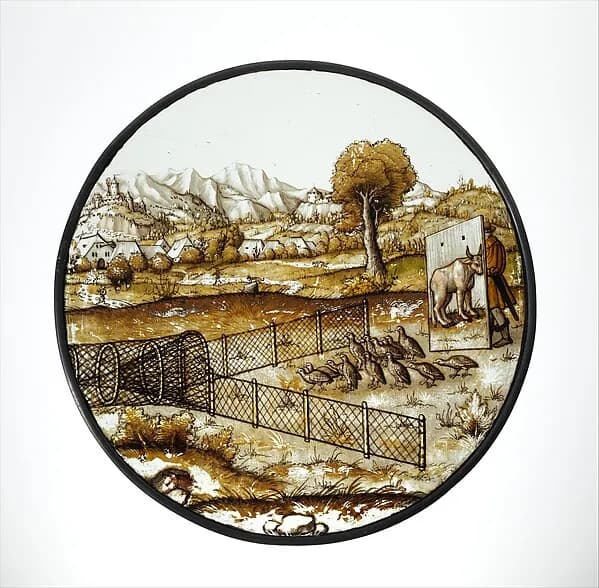 Roundel with Netting Quail by Augustin Hirschvogel depicting Numbers 11