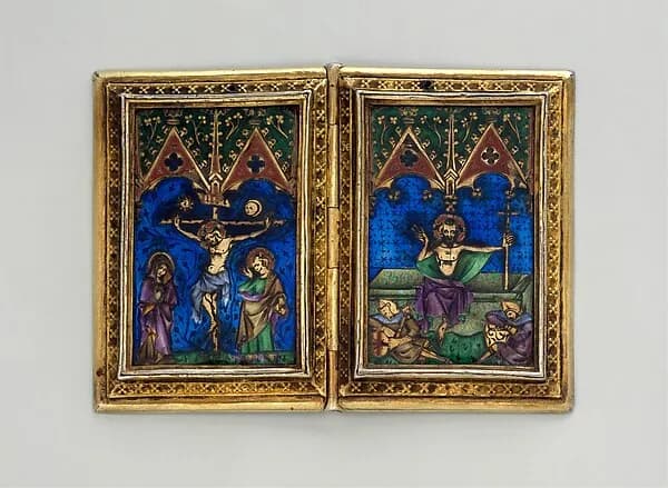 Diptych with Scenes of the Annunciation, Nativity, Crucifixion, and Resurrection by Anonymous depicting Luke 1