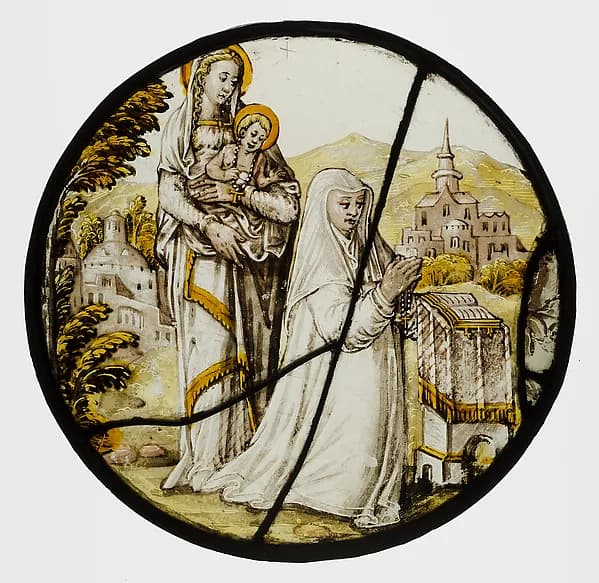 Roundel with Virgin and Child and a Carmelite Donatrix by Anonymous depicting Luke 2